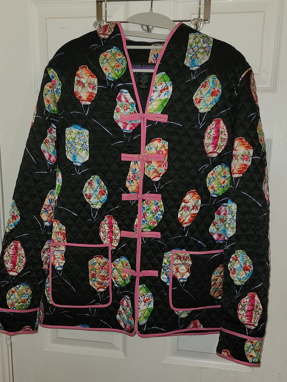 Anne Carson Black Quilted Lantern-Print Jacket with Pink Trim